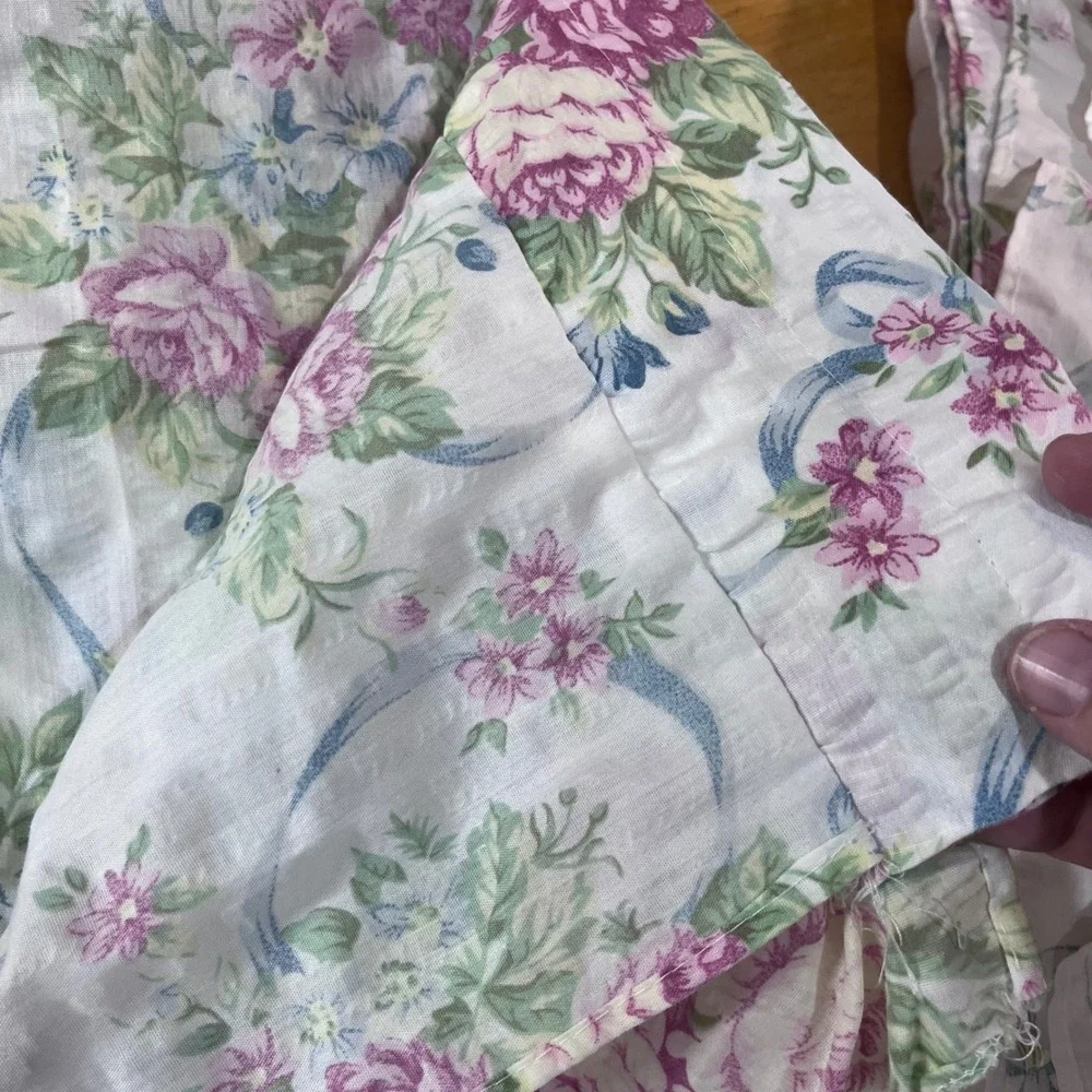 Vtg Floral Rose Ribbon Ruffle Curtain Panels Set 2 42x84 Tie Backs Cottagecore